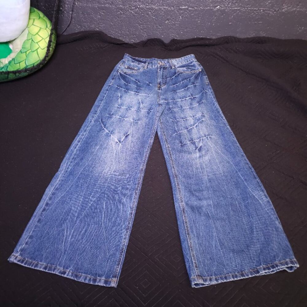 Faded Whiskered Wide Leg Jeans Light Blue Wash Gold Stitch W32 42in